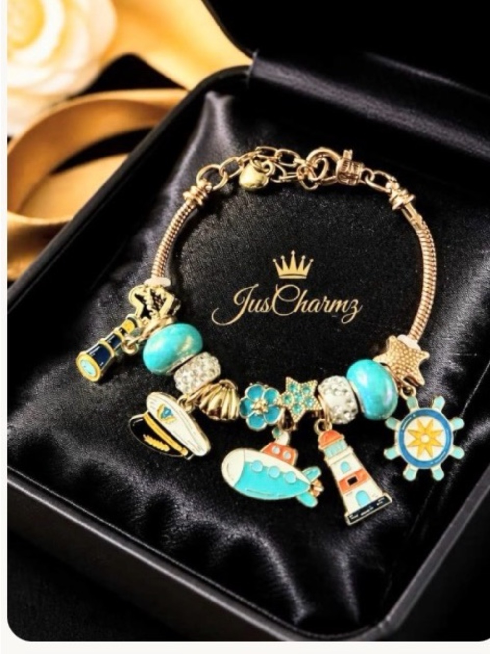 Turquoise Nautical Charm Bracelet - Gold Tone